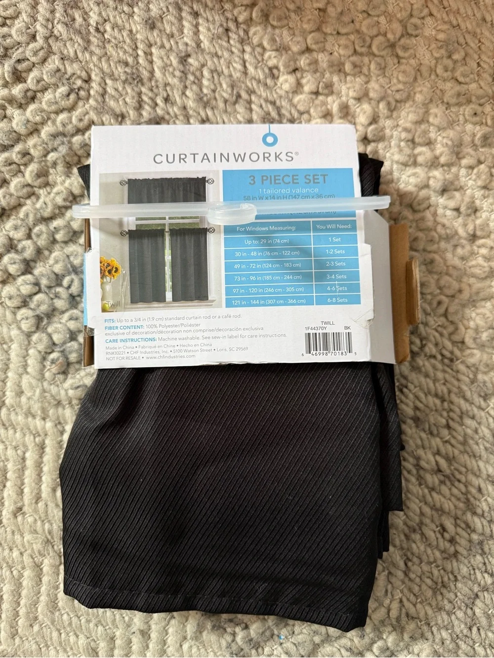 Small Window 3-Piece Set - Black Twill one tailored valance two curtains 56”x36“
